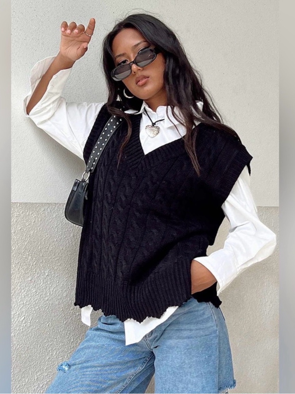 Black Cable-Knit V-Neck Sweater Vest - Princess Polly